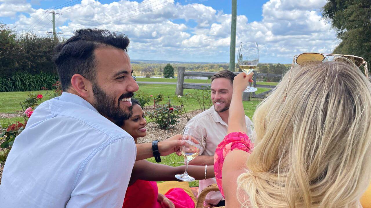 friends-having-picnic-and-raising-glasses