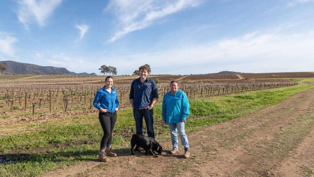 Winemakers Stuart Hordern and Kate Sturgess with Hunter Valley Vineyards Manager Kat Barry in Oakey Creek Vineyard