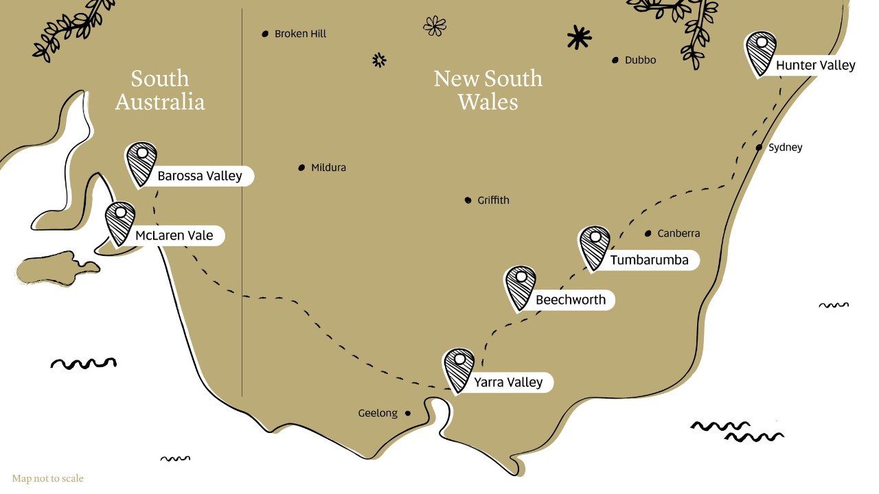 Map of Australian wine regions, from the Hunter Valley to the Barossa Valley
